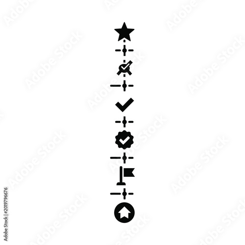 Vertical timeline infographic with various black icons including star, checkmarks, flag, and home symbol, representing progress or status.