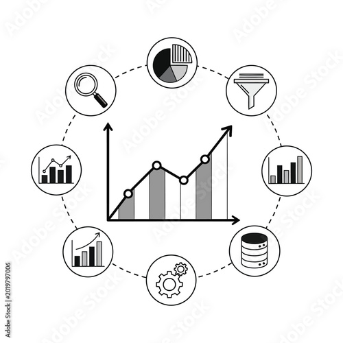 A comprehensive illustration of data analysis processes and business intelligence concepts, featuring a central growth graph surrounded by icons for search, filtering, storage, and visualization.