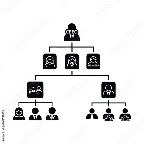Black and white icon illustration of a corporate organizational chart showing a hierarchical structure from CEO to managers and employees.