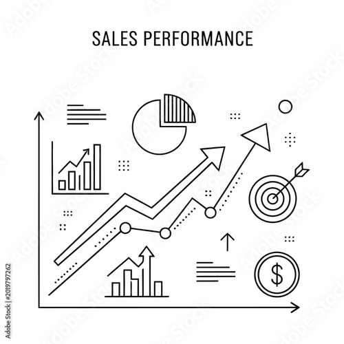Line art illustration depicting sales performance metrics with various charts, graphs, and business icons showing growth and targets.