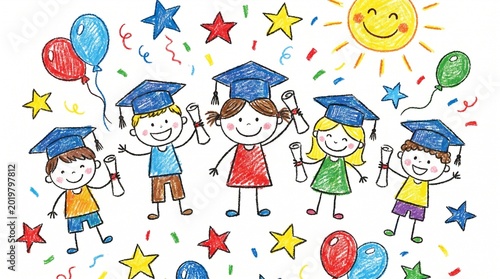 Joyful group of diverse young graduates celebrating academic success with diplomas and balloons in a cheerful illustration