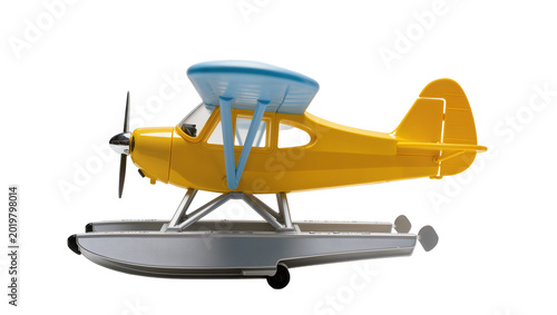Εκτύπωση καμβά Yellow seaplane with blue top and silver floats, isolated on transparent backgro