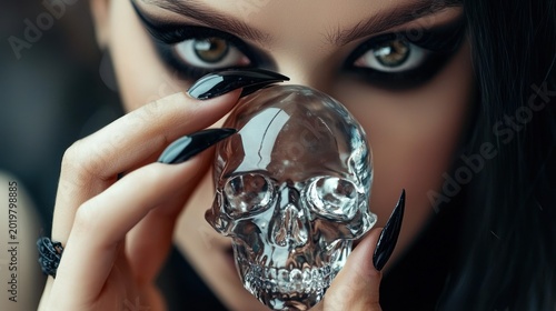 Woman holding crystal skull close up