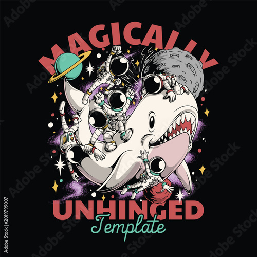 Cartoon Funny Astronauts Riding Space Whale Emblem Illustration