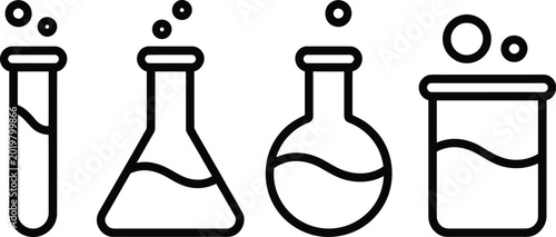 Fotografía Laboratory flask line art set, clean vector chemistry equipment with bubbling liquid in flasks and test tubes for science laboratory concepts