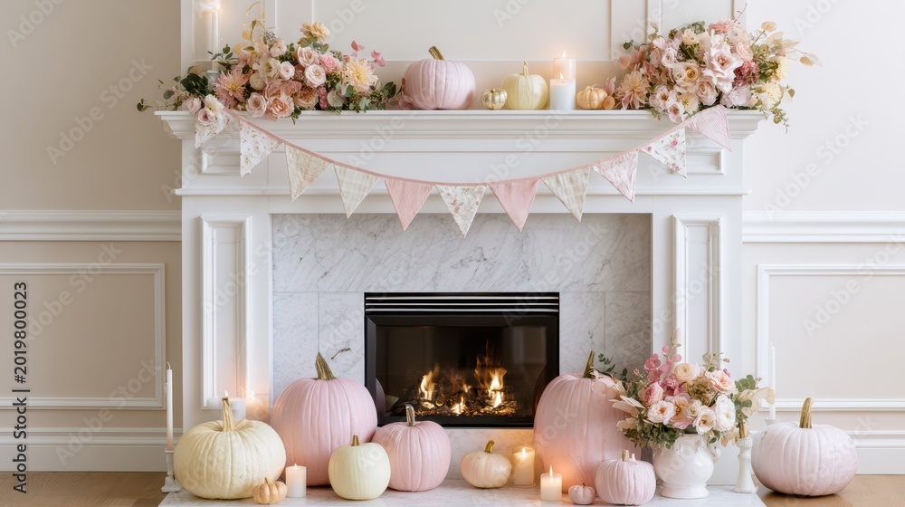 Fototapeta premium Elegant autumn fireplace decor with pastel pumpkins and floral arrangements