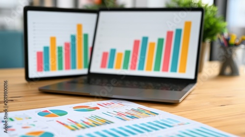 Modern workspace with laptop displaying colorful bar chart and printed sheet with various business graphs and pie charts on wooden table in office environment
