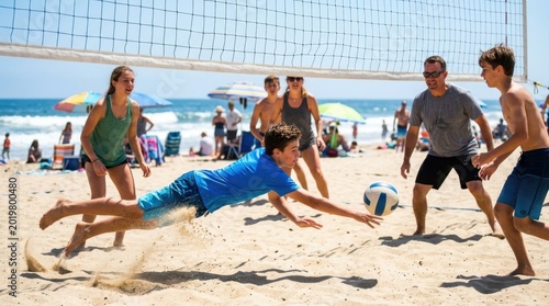 Family playing beach volleyball on a sunny day with ocean waves in the background
