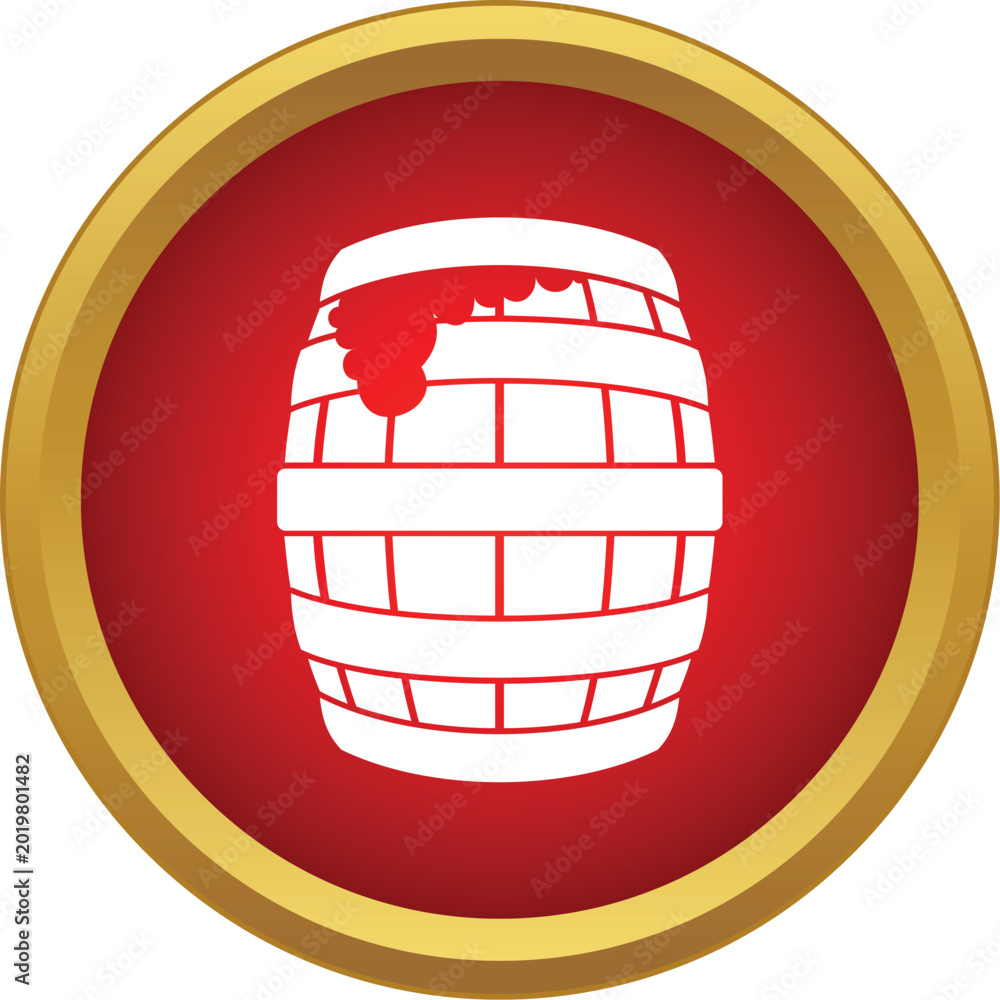 Fototapeta premium Wooden barrel overflowing with red wine in a round, red, gold bordered icon