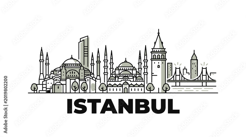 Obraz premium Stylized Illustration of Istanbul City Skyline Featuring Iconic Historic and Modern Landmarks in Minimalist Line Art Style