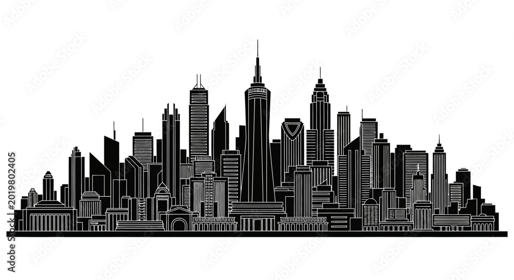 Obraz premium Black and white city skyline silhouette with detailed skyscrapers
