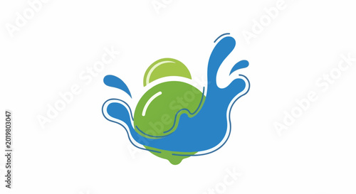 Abstract green sphere with blue liquid splashes