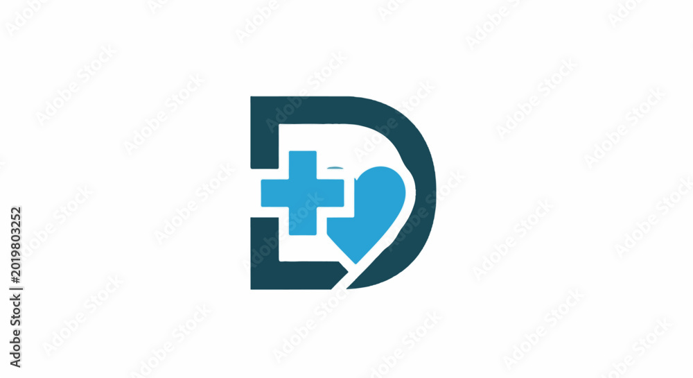 Fototapeta premium Abstract dark blue 'D' logo with blue cross and heart elements