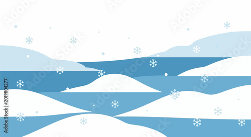 Abstract winter landscape with gentle snow falling on rolling hills