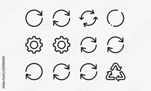 Photos Sync process, line art icon reload set, circle arrow with gear wheel, recycling