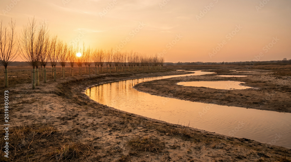 Fototapeta premium Empty desolate floodplain where a restored river now carves a new meander, no people present, freshly planted willow saplings in a line alon