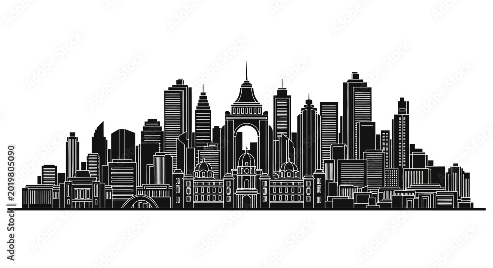 Obraz premium Black and white city skyline silhouette illustration