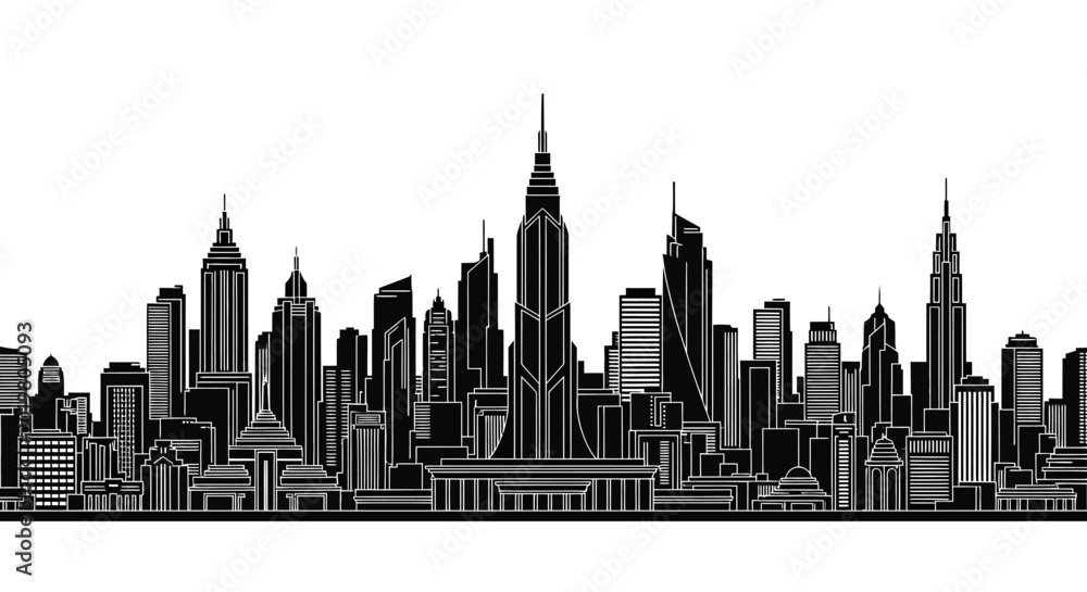 Fototapeta premium Black and white city skyline silhouette with skyscrapers