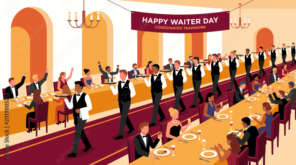 Obraz premium Waiter Day Celebration with Coordinated Teamwork in a Banquet Hall