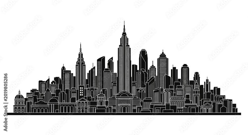 Obraz premium Black and white city skyline silhouette illustration