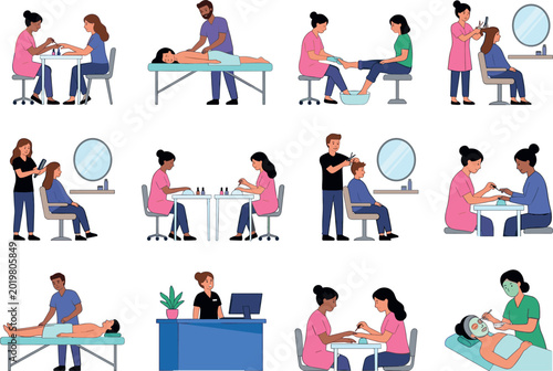 Foto Flat Cartoon Beauty Salon and Spa Service Scene Set with Massage Manicure Pedicu
