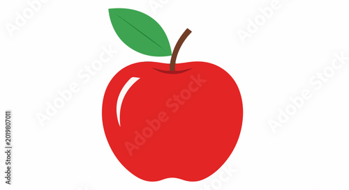 A vibrant red apple with a green leaf and brown stem on a white background