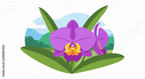A vibrant purple orchid with yellow accents blooms amidst lush green foliage and a serene landscape