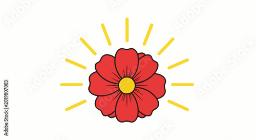 A vibrant red flower with a yellow center glows with radiant yellow lines