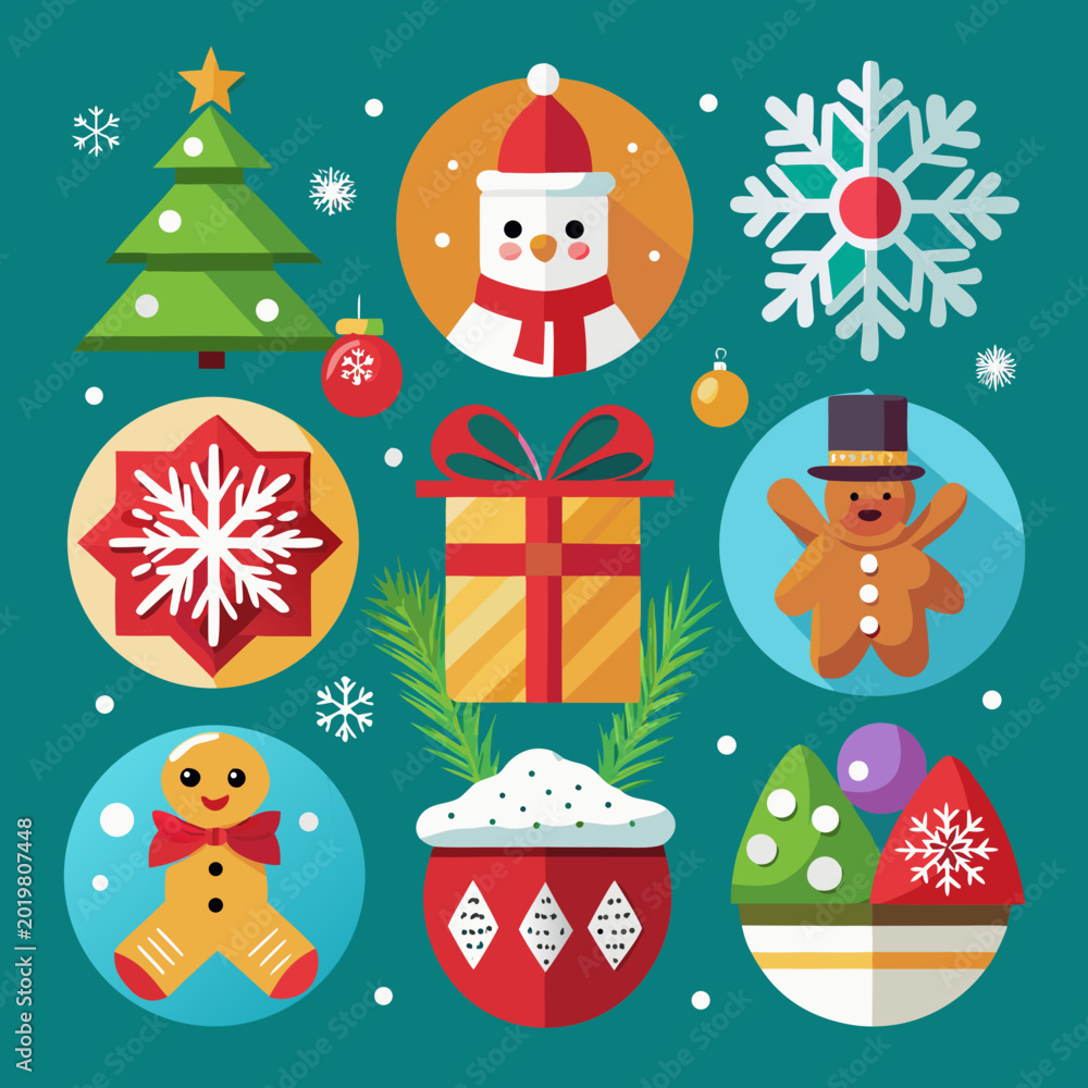Fototapeta premium Colorful holiday gift icons with festive characters and decorations Vector