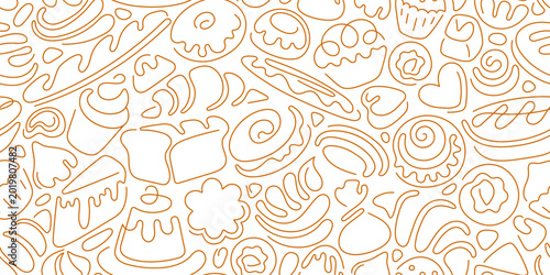 Bread and pastry line endless pattern. Bakery wallpaper with croissants, sweets, aroma cake, breakfast treat, donut and dessert. Perfect for cafe menu and kitchen decor backdrop. Repeat simple textile