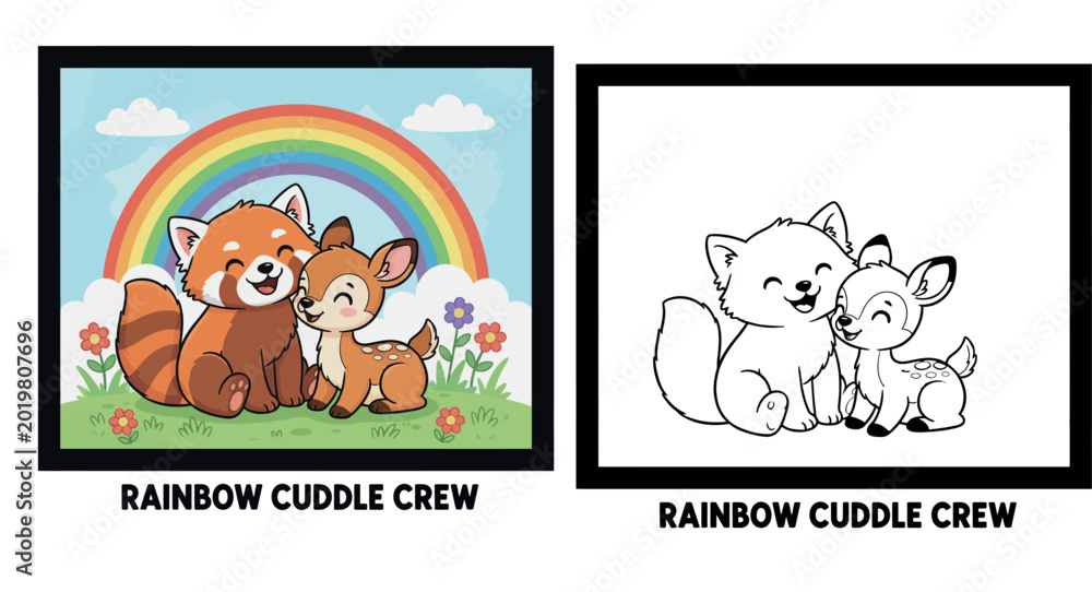 Fototapeta premium Adorable Cartoon Red Panda and Fawn Under a Rainbow - Forest Friends