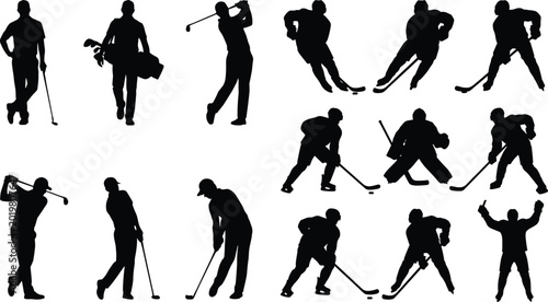 Canvas Print Golf and Ice Hockey Athlete Silhouette Collection with Action Poses Sports Playe