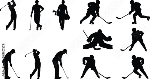 Canvas Print Golf and Ice Hockey Player Silhouette Set Featuring Sports Action Poses and Athl