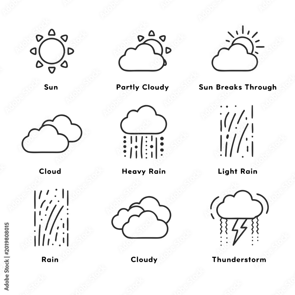 Obraz premium Weather icons, weather symbols, cloud types, rain, sun, vector illustrations, 8 elements