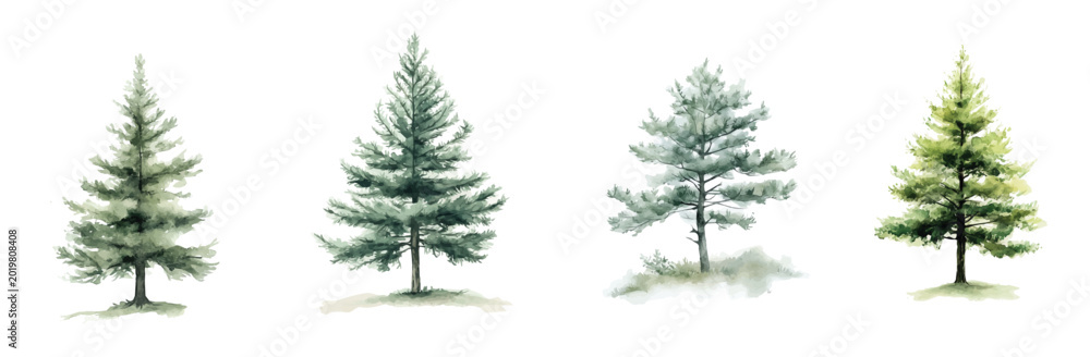 Obraz premium Design of pine tree painting design set, Hand-painted style, vectorized, vector set available in EPS, Simple Hand-painted watercolor style, vector set available in EPS, Simple Hand-painted