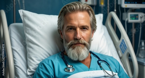 Mature male doctor in blue scrubs resting in hospital bed with serious expression