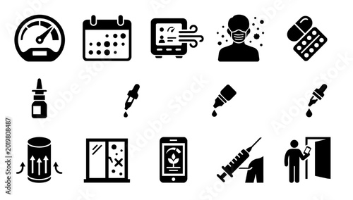 Photos Pollen Monitoring and Allergy Protection Silhouette Icons Set
