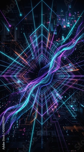 Vibrant neon lines intersect in futuristic digital artwork with glowing purple and blue hues on dark background