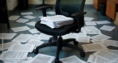 Overwhelming pile of paperwork on office chair with scattered documents on floor