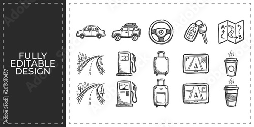 Foto Hand drawn travel and automotive icons including car gasoline map steering wheel