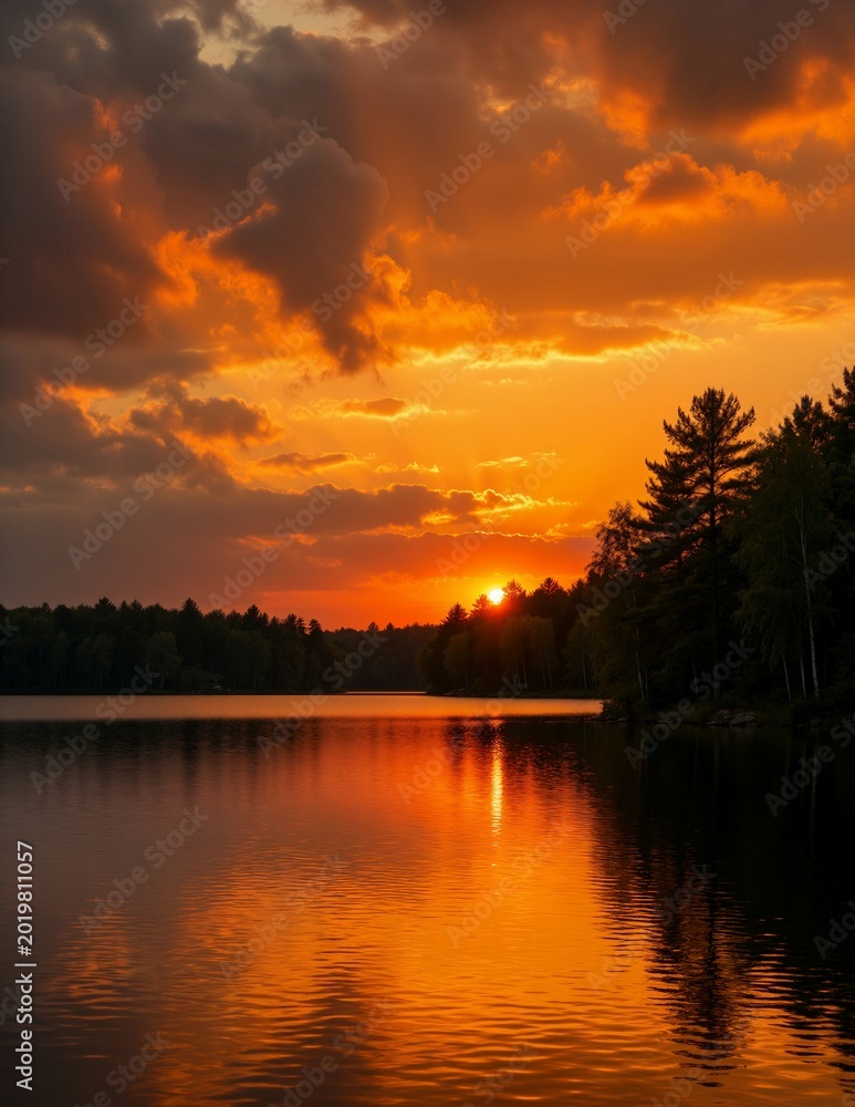 Fototapeta premium Golden sunset over calm lake landscape with orange clouds and forest tree reflection