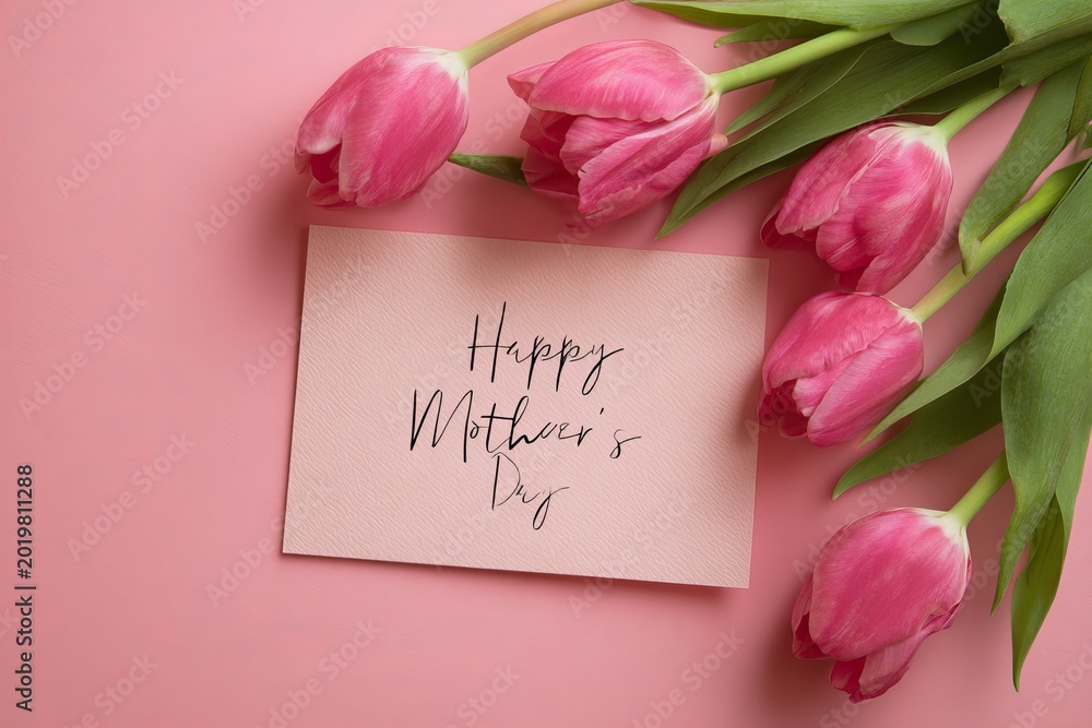 Fototapeta premium Happy Mother’s Day Greeting Card with Pink Tulips on Pastel Background – Floral Holiday Celebration Concept
