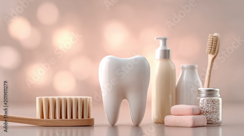 Dental care essentials featuring tooth model, toothbrush, dental floss, and oral hygiene products