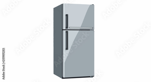 A two-door, light gray refrigerator with dark gray handles stands upright