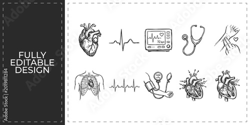 Foto Hand drawn medical and healthcare icons with human heart stethoscope and brain m