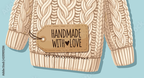 Handmade with love tag on a knitted sweater, vector illustration of a cozy winter cable knit jumper with a brown paper label, craft and hobby concept