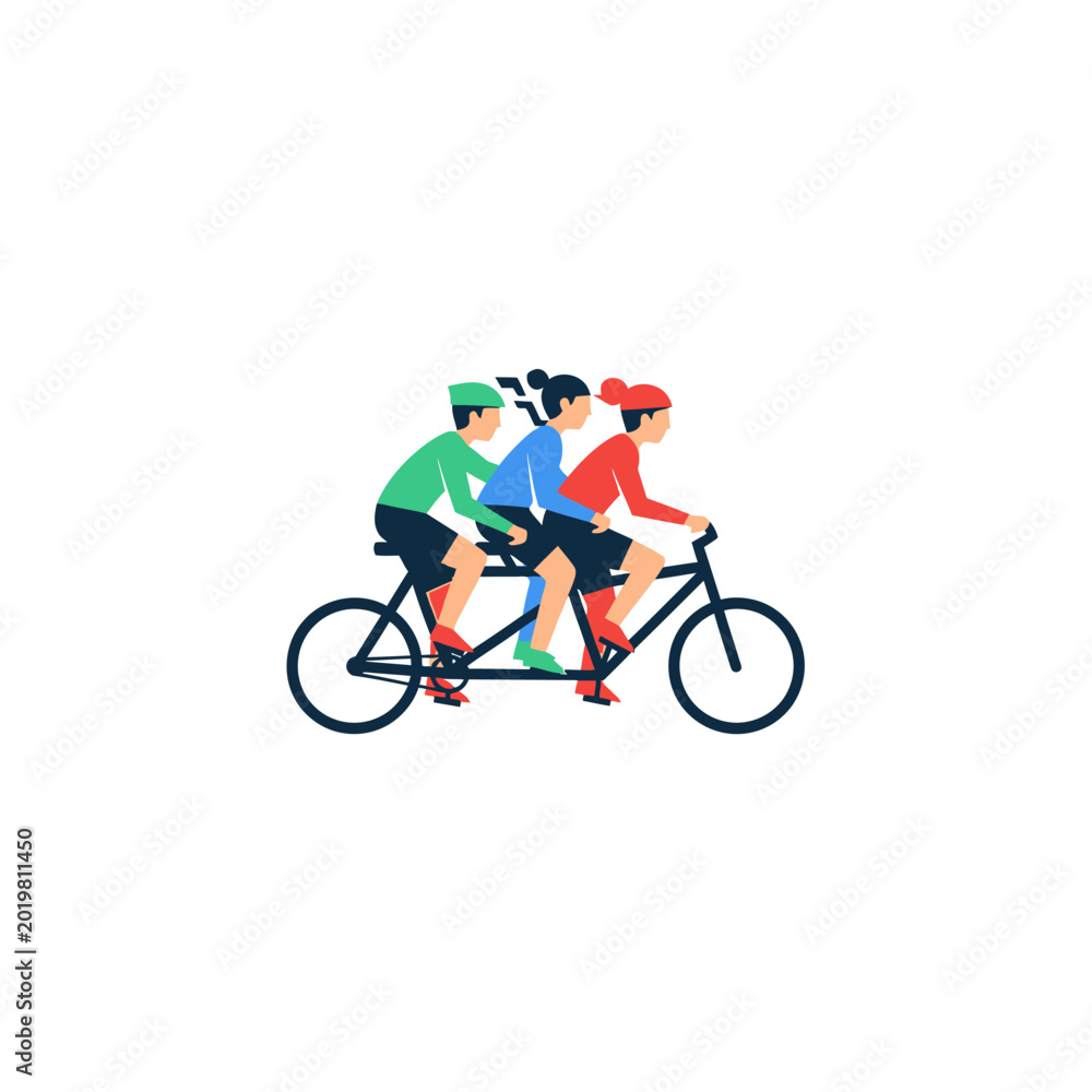 Fototapeta premium Diverse group of three people happily riding a tandem bicycle, symbolizing teamwork and shared journey on an isolated white background.