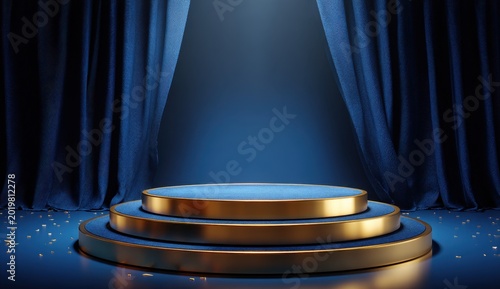 Elegant golden podium with three tiers set against a rich blue background and curtains