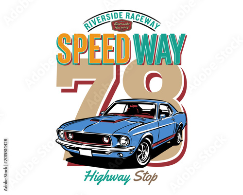 Sport car print design for t shirt. Speed racing poster design. Road speed graphic print. Vintage car artwork. Highway stop illustration.