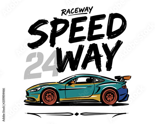 Sport car print design for t shirt. Speed racing poster design. Road speed graphic print. Extreme racing. Raceway speedway artwork.